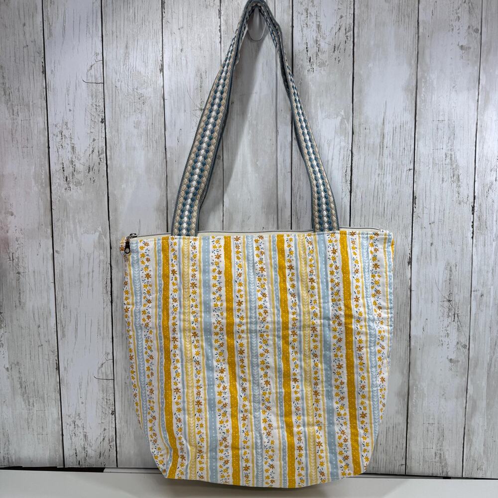 Large Quilted Yellow and Blue Striped Floral Tote Bag, Zippered Closure